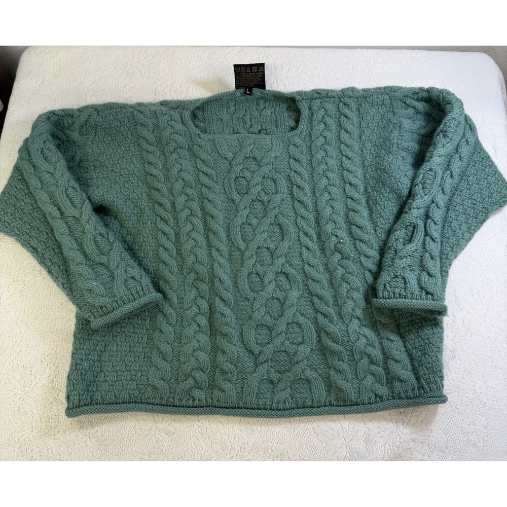 Carraig Donn Merino Wool Sweater Green Cable Knit Made in Ireland Large